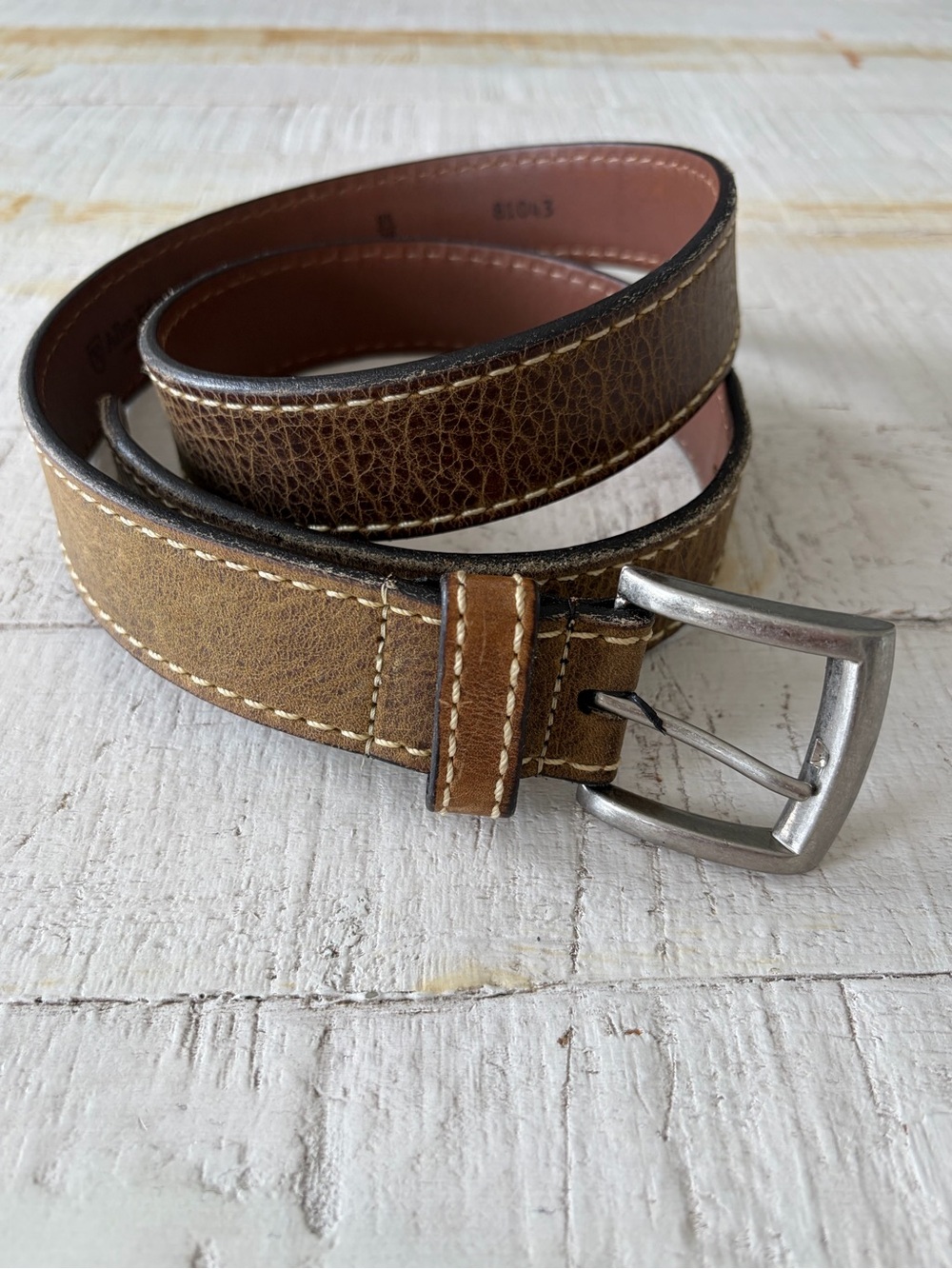 Allen Edmonds size 38 Cottonwood Belt in Tan Distressed Leather Silver Buckle